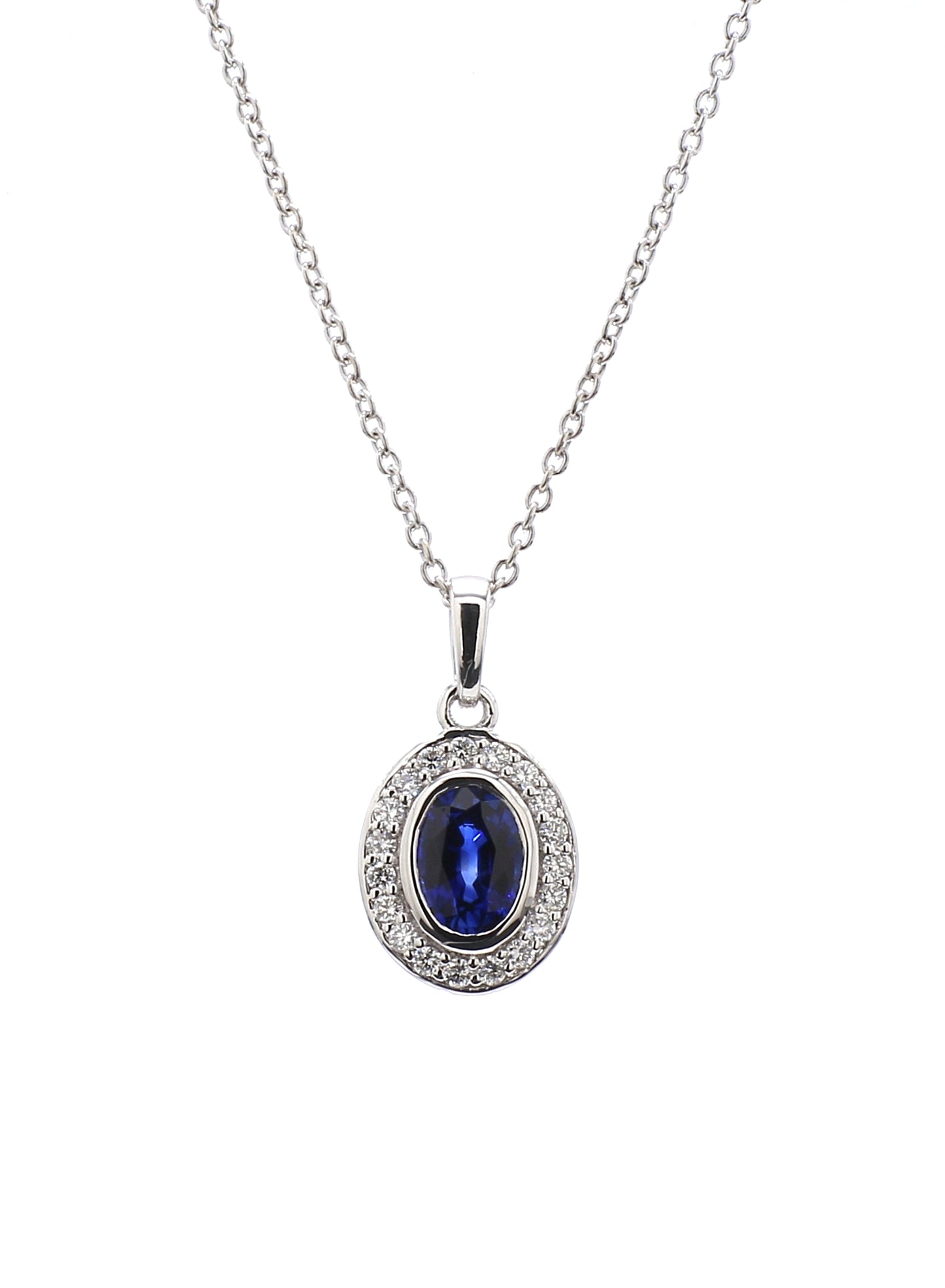 Diamond & Blue Sapphire Pendant in 18K White Gold