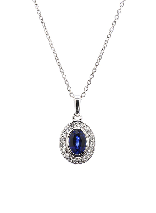 Diamond & Blue Sapphire Pendant in 18K White Gold
