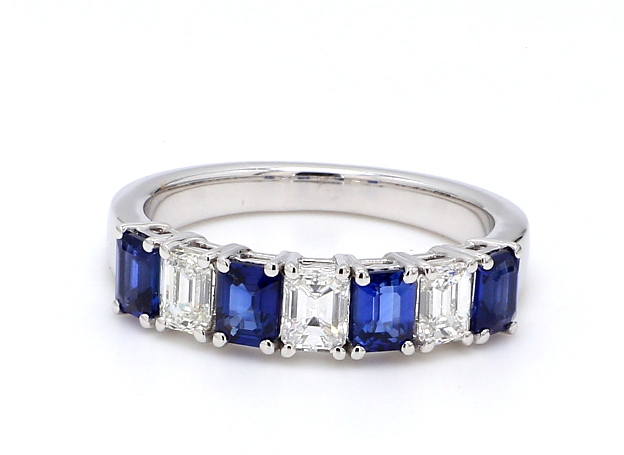 Blue Sapphire & Diamond Seven-Stone Band – Emerald Cut 4x3mm in 18K White Gold