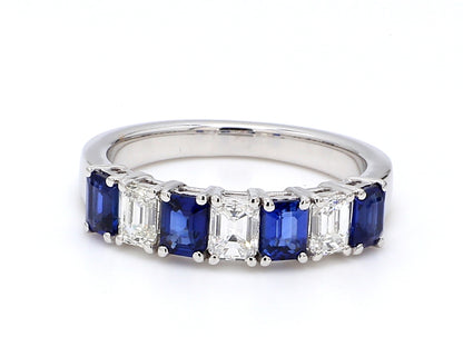 Blue Sapphire & Diamond Seven-Stone Band – Emerald Cut 4x3mm in 18K White Gold