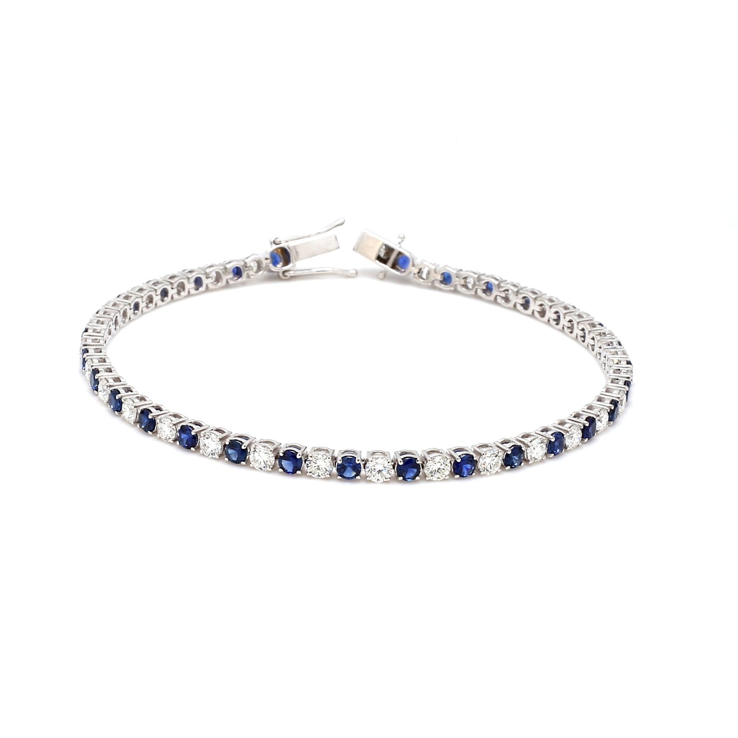 18K White Gold Blue Sapphire and Diamond Tennis Bracelet- 4.50 ct tw