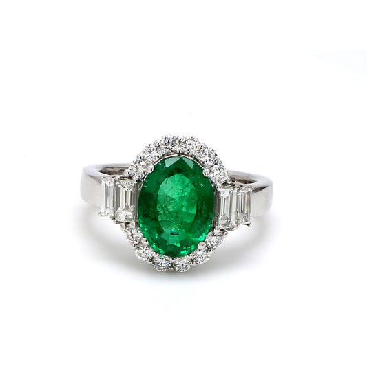 Zambian Emerald Engagement Ring – Oval Halo with Diamond Baguettes
