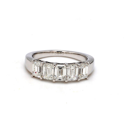 18K White Gold 5 Stone Emerald Cut Wedding Band - GIA Certified
