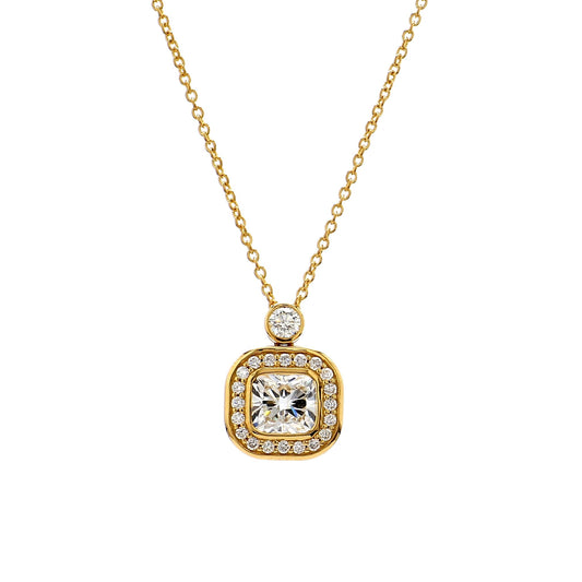 GIA Certified  1.00 Ct  Cushion Cut Diamond Halo Pendant – 18K Yellow Gold