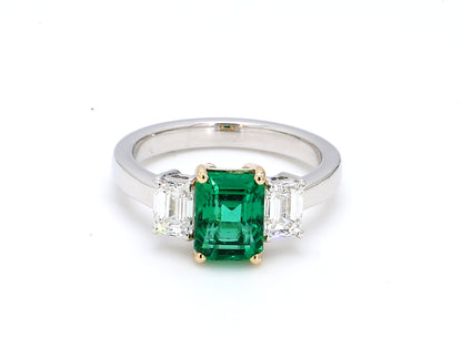 Zambian Emerald Three-Stone Ring – 1.62 ct GIA Certified Diamond Shoulders in Dual-Tone 18K Gold
