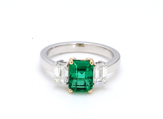 Zambian Emerald Three-Stone Ring – 1.62 ct GIA Certified Diamond Shoulders in Dual-Tone 18K Gold