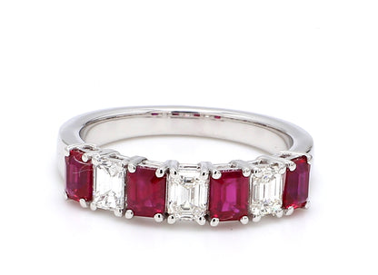 Ruby & Diamond Seven-Stone Band – Emerald Cut 4x3mm in 18K White Gold