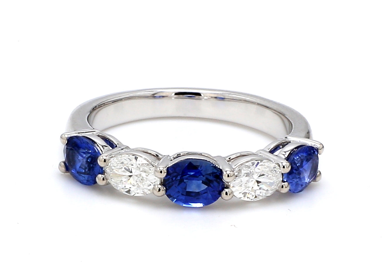 Blue Sapphire & Diamond Five-Stone Band – Oval East-West Set in 18K White Gold