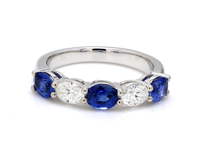 Blue Sapphire & Diamond Five-Stone Band – Oval East-West Set in 18K White Gold