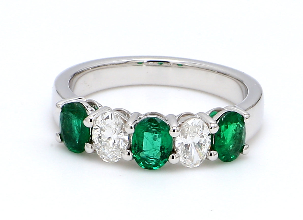 Zambian Emerald & Diamond Five-Stone Band – Oval 5x4mm in 18K White Gold