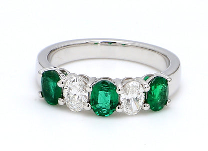 Zambian Emerald & Diamond Five-Stone Band – Oval 5x4mm in 18K White Gold