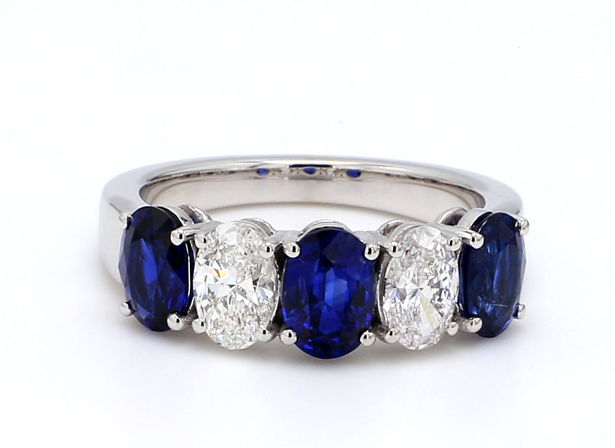 Blue Sapphire & Diamond Five-Stone Band – Oval 6x4mm in 18K White Gold