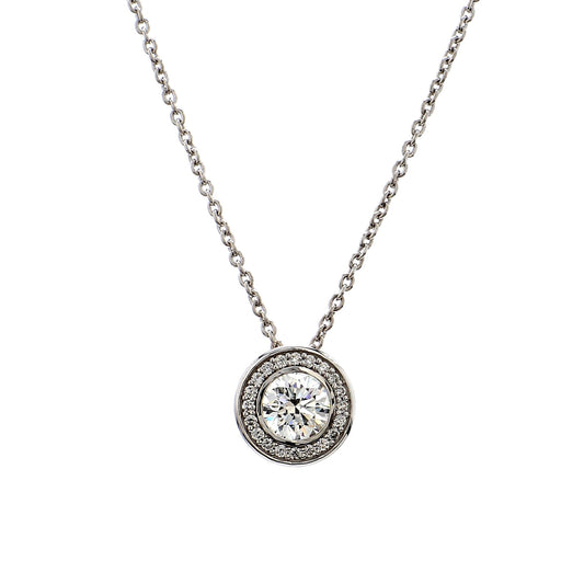 GIA Certified  1.00 Ct Round Cut Diamond Halo Pendant – 18K White Gold