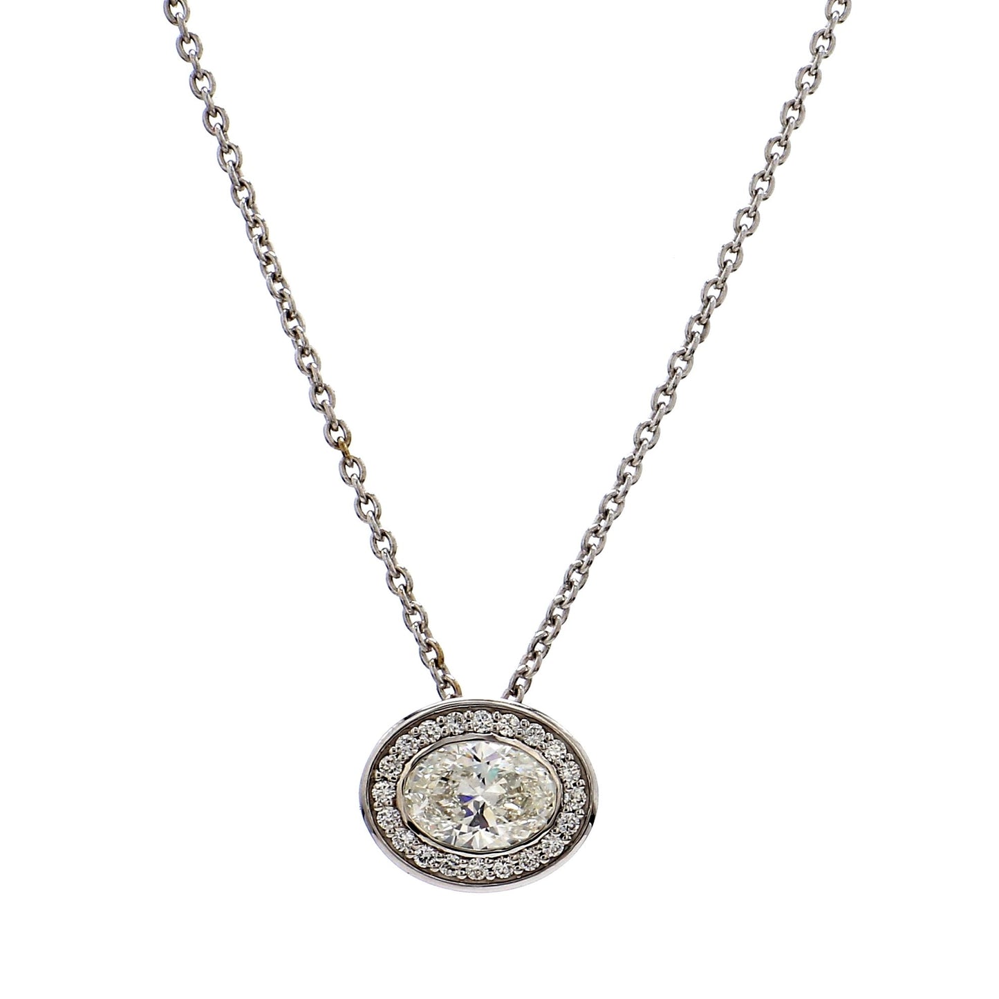 GIA Certified  1.00 Ct  Oval Cut Diamond Halo Pendant – 18K White Gold