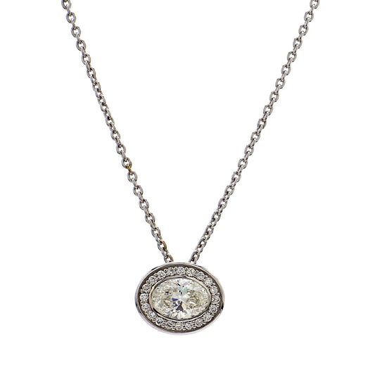 GIA Certified  1.00 Ct  Oval Cut Diamond Halo Pendant – 18K White Gold