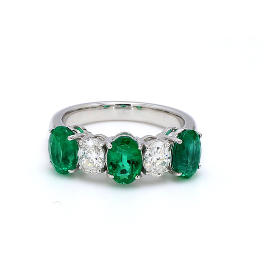 Zambian Emerald & Diamond Oval Band – 3 Emerald & 2 Diamond Alternating Ring